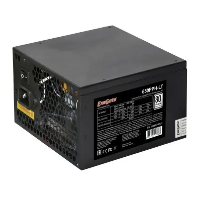 ExeGate EX282046RUS-OEM 80 PLUS® 650PPH-LT-OEM (ATX, APFC, КПД 82% (80 PLUS), 12cm fan, 24pin, (4+4)pin, PCIe, 5xSATA, 3xIDE, black, RTL)