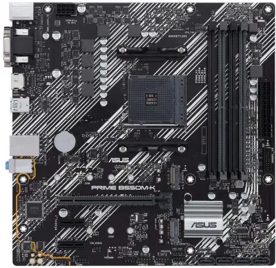 ASUS PRIME B550M-K (Socket AM4, mATX, 4xDDR4(128GB), VGA/DVI/HDMI, 1xPCIe 4.0x16/2xPCIe 3.0, 1xLAN, 4xSATA 6Gb/s, 2xM.2, 6xUSB 3.2, 1xPS/2)