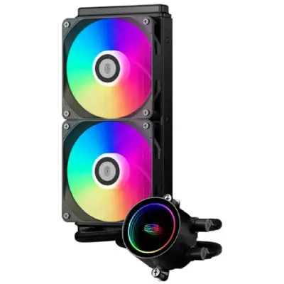 Система охлаждения/ PCCooler DA240 ARGB BK (270W, 240mm, Black, ARGB/ Fans: 2x120mm, 73.6CFM, -dBA, 1800RPM/ Pump height 55mm, -dBA, 3000RPM, Rad thickness 27mm/ S: 1851, 1700, 1200, 20XX, 115X, AM5,