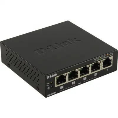 D-Link DES-1005P/B1A Неуправляемый коммутатор с 5 портами 10/100Base-TX, (4 порта PoE 802.3af/at, PoE-бюджет 60 Вт)